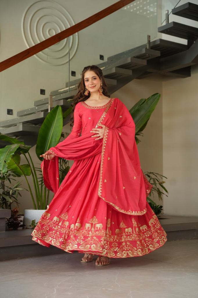 Rose Pink Graceful Chinnon Embroidered Gown Set with Designer Dupatta Clothsvilla