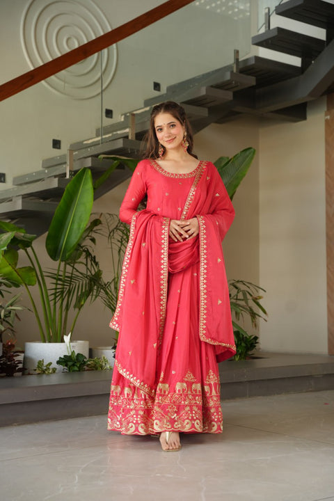 Rose Pink Graceful Chinnon Embroidered Gown Set with Designer Dupatta Clothsvilla Main image