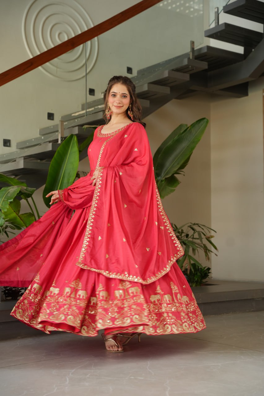 Rose Pink Graceful Chinnon Embroidered Gown Set with Designer Dupatta Clothsvilla
