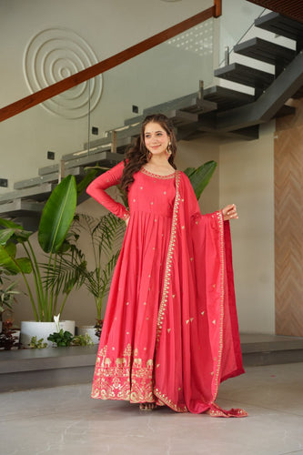 Rose Pink Graceful Chinnon Embroidered Gown Set with Designer Dupatta Clothsvilla