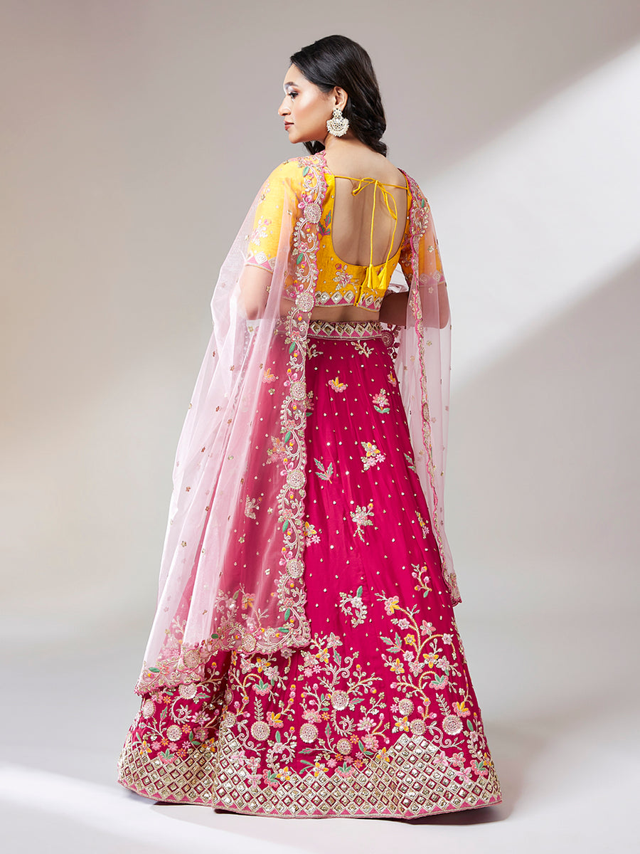 Indian Wedding Saree - Net pink lehenga paired with golden blouse and blue  dupatta adorned with border, mirror, stone. . . Price: US$ 32.90 . .  Product code: 749900 . . . #indianweddingsaree #lehengacholi  #weddinglehenga #bridallehenga #bollywood ...