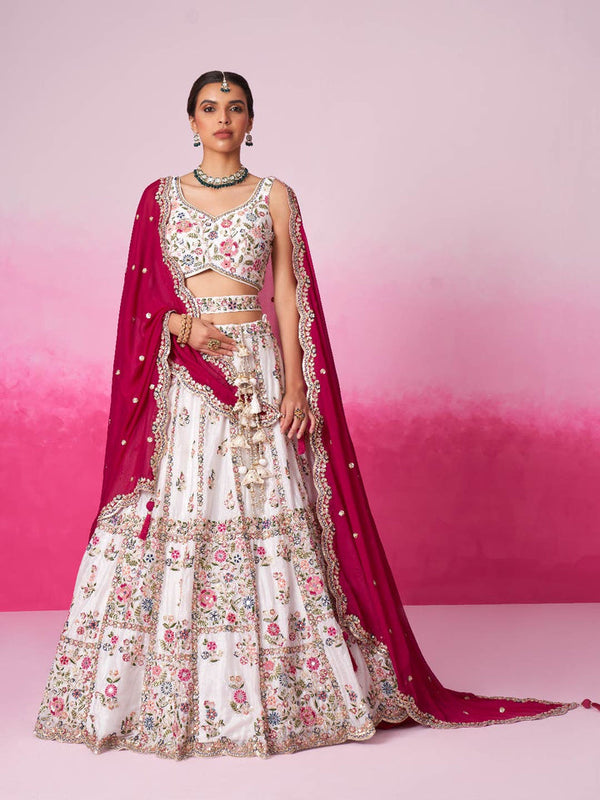 Rose White Georgette Moti, Sequins embroidery Semi-Stitched Bridel Lehenga choli & Dupatta Clothsvilla