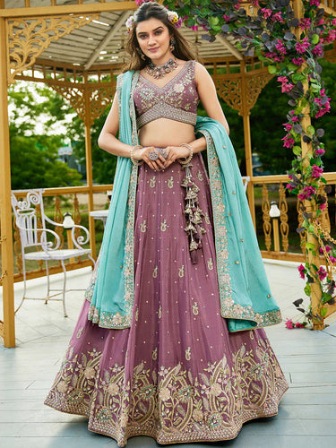 Rosegold Elegant Chiffon Sequin Embroidered Lehenga Choli Set with Ethnic Dupatta & Handmade Latkan ClothsVilla