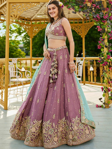 Rosegold Elegant Chiffon Sequin Embroidered Lehenga Choli Set with Ethnic Dupatta & Handmade Latkan ClothsVilla