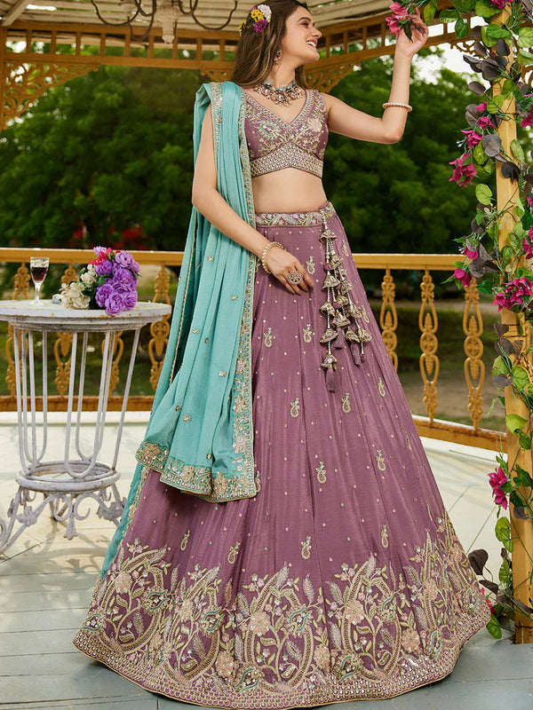 Rosegold Elegant Chiffon Sequin Embroidered Lehenga Choli Set with Ethnic Dupatta & Handmade Latkan ClothsVilla