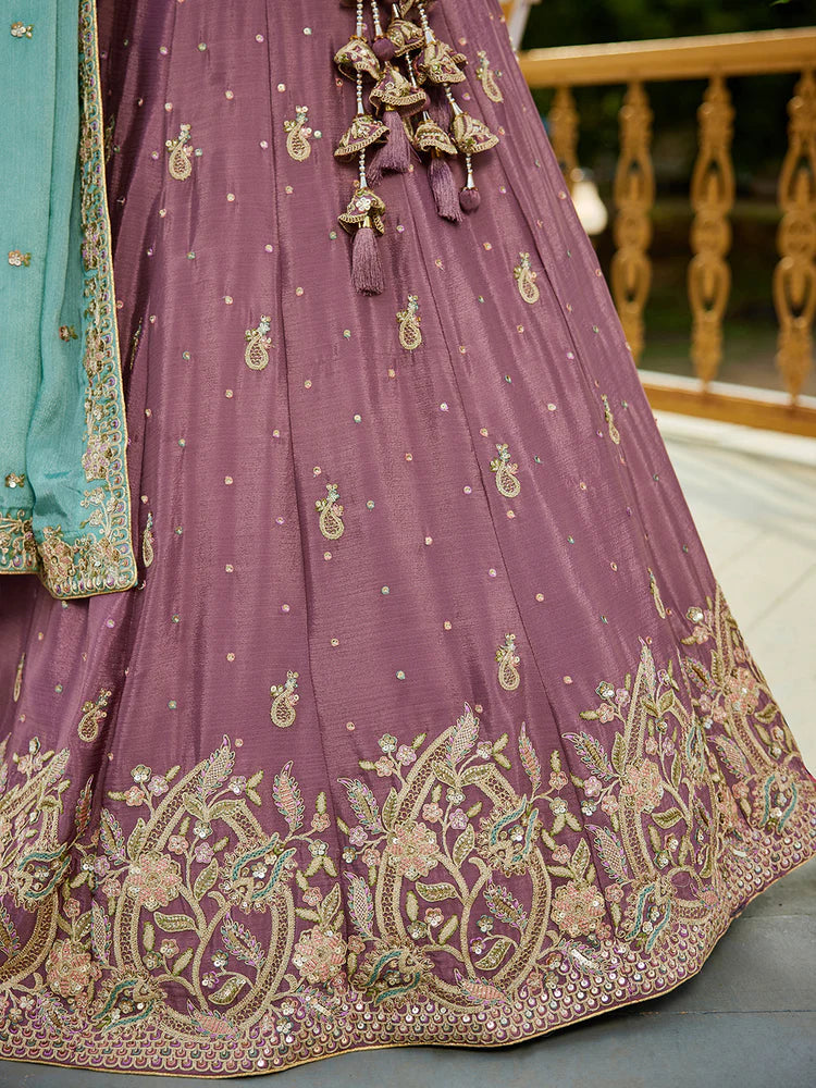 Rosegold Elegant Chiffon Sequin Embroidered Lehenga Choli Set with Ethnic Dupatta & Handmade Latkan ClothsVilla