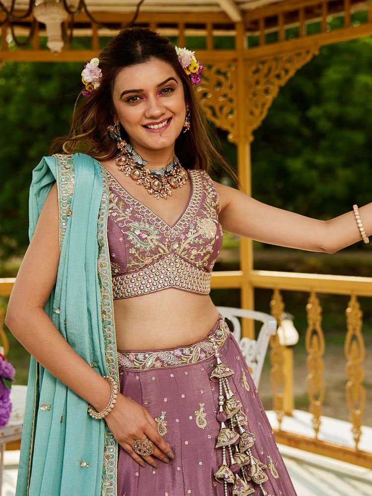 Rosegold Elegant Chiffon Sequin Embroidered Lehenga Choli Set with Ethnic Dupatta & Handmade Latkan ClothsVilla