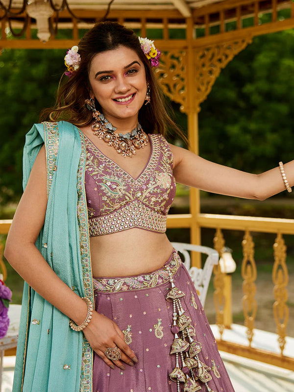 Rosegold Elegant Chiffon Sequin Embroidered Lehenga Choli Set with Ethnic Dupatta & Handmade Latkan ClothsVilla