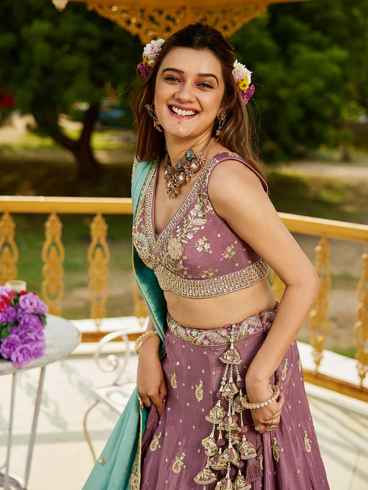 Rosegold Elegant Chiffon Sequin Embroidered Lehenga Choli Set with Ethnic Dupatta & Handmade Latkan ClothsVilla