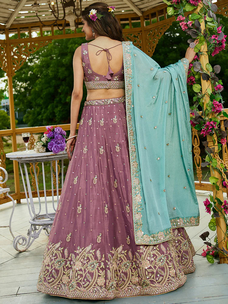 Rosegold Elegant Chiffon Sequin Embroidered Lehenga Choli Set with Ethnic Dupatta & Handmade Latkan ClothsVilla