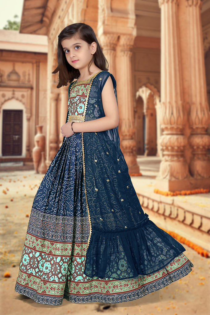 Royal Blue Ajrakh Printed Designer Kids Lehenga Choli Set ClothsVilla