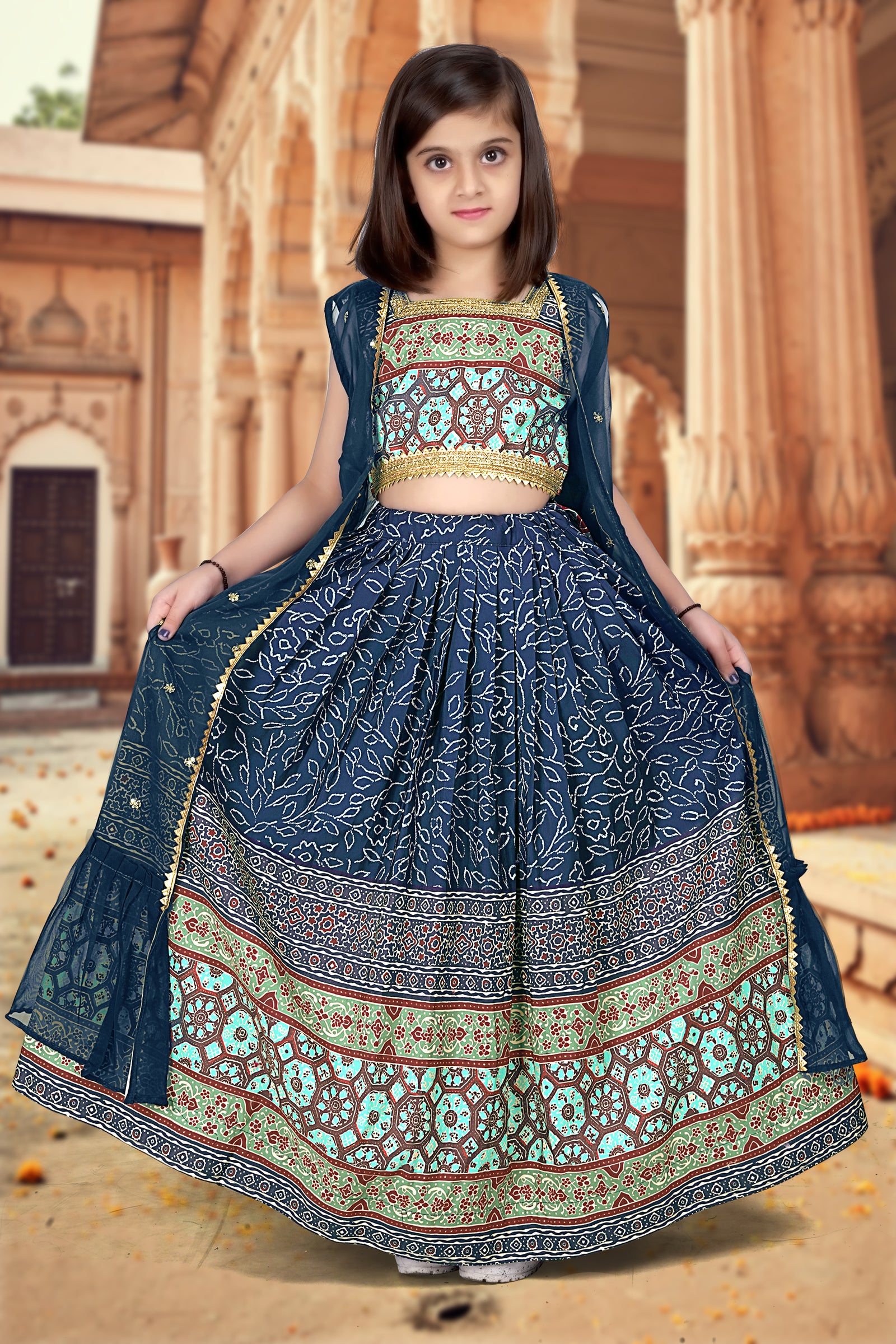 Royal Blue Ajrakh Printed Designer Kids Lehenga Choli Set ClothsVilla