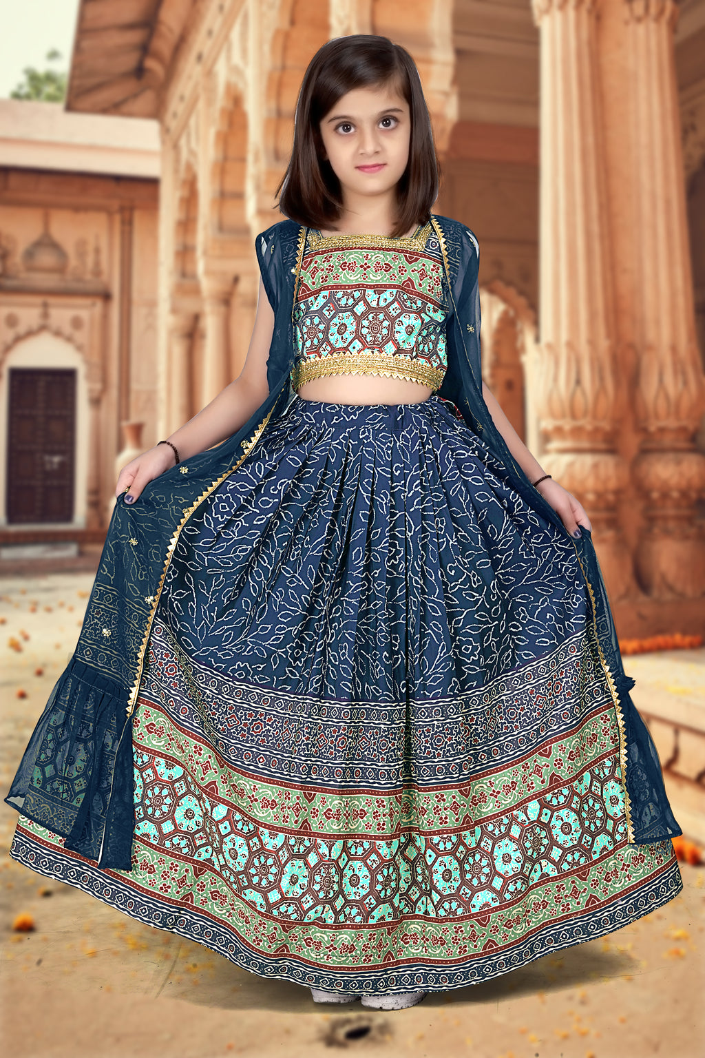 Royal Blue Ajrakh Printed Designer Kids Lehenga Choli Set ClothsVilla