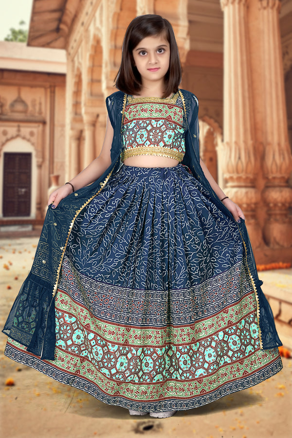 Royal Blue Ajrakh Printed Designer Kids Lehenga Choli Set ClothsVilla