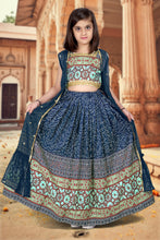 Load image into Gallery viewer, Royal Blue Ajrakh Printed Designer Kids Lehenga Choli Set ClothsVilla