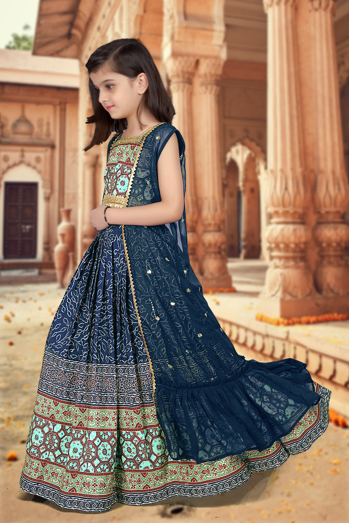 Royal Blue Ajrakh Printed Designer Kids Lehenga Choli Set ClothsVilla