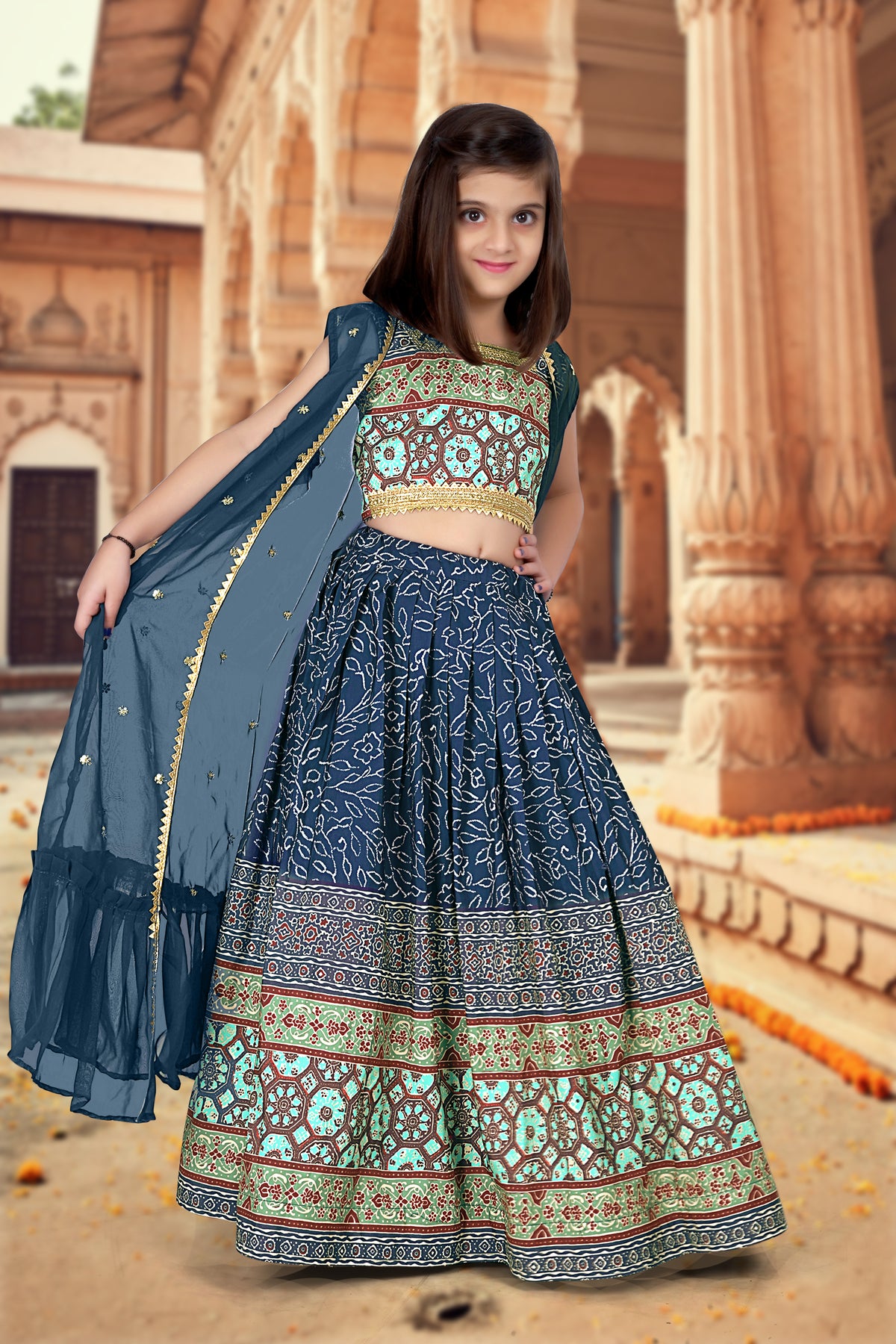 Royal Blue Ajrakh Printed Designer Kids Lehenga Choli Set ClothsVilla Main image