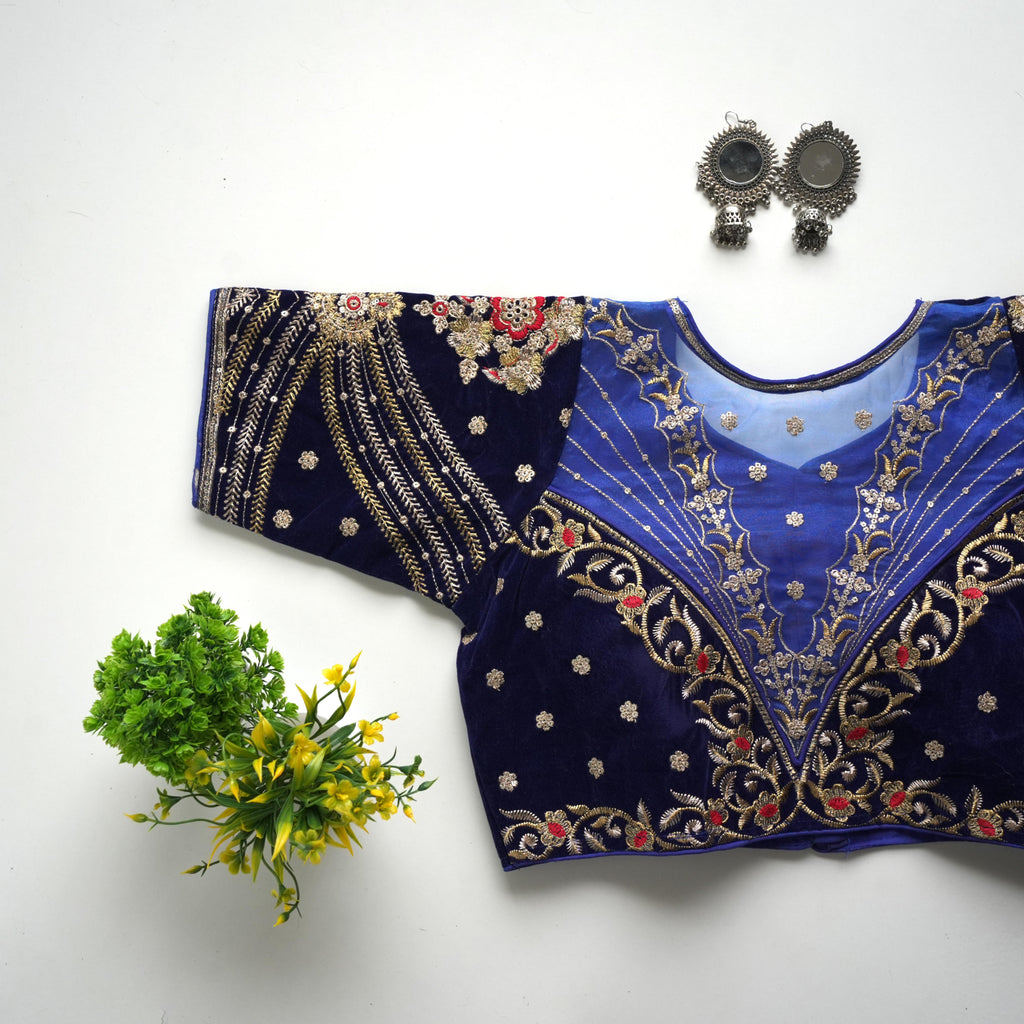 Royal Blue Blouse Taffeta Silk Blouse with Golden Embroidery and Sequin Touch ClothsVilla