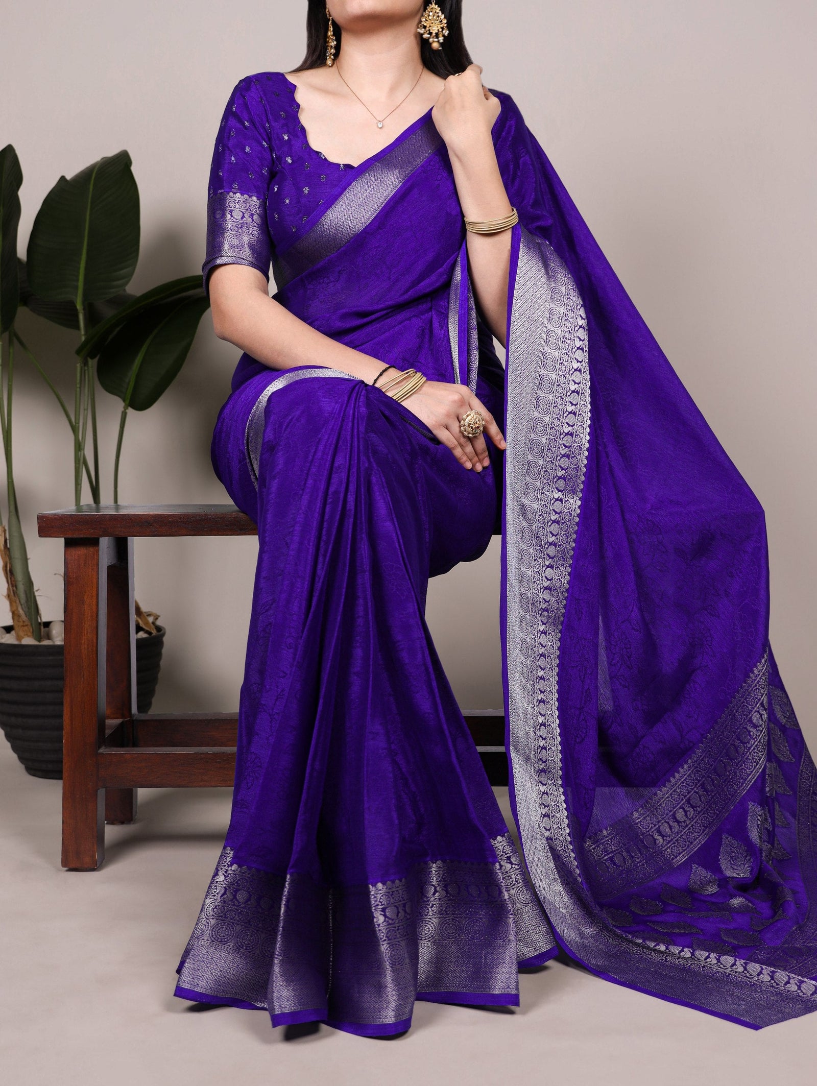 Royal Blue Chinon Self-Printed Saree with Zari Weaving Work & Matching Unstitched Blouse – Lightweight Festive & Traditional Wear Saree for Women ClothsVilla