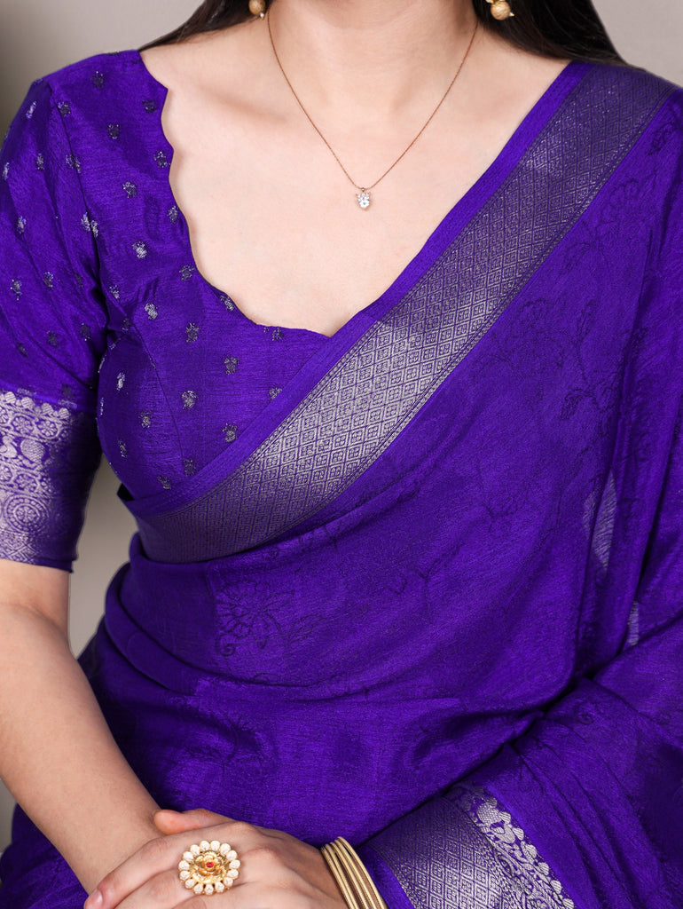 Royal Blue Chinon Self-Printed Saree with Zari Weaving Work & Matching Unstitched Blouse – Lightweight Festive & Traditional Wear Saree for Women ClothsVilla