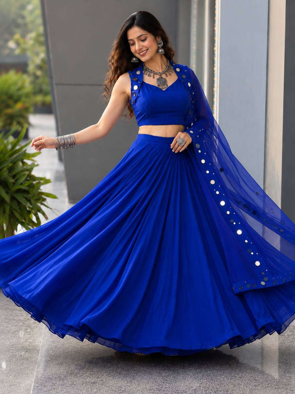 Royal Blue Cotton Mirror Work Lehenga Choli ClothsVilla