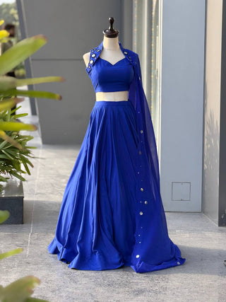 Royal Blue Cotton Mirror Work Lehenga Choli ClothsVilla