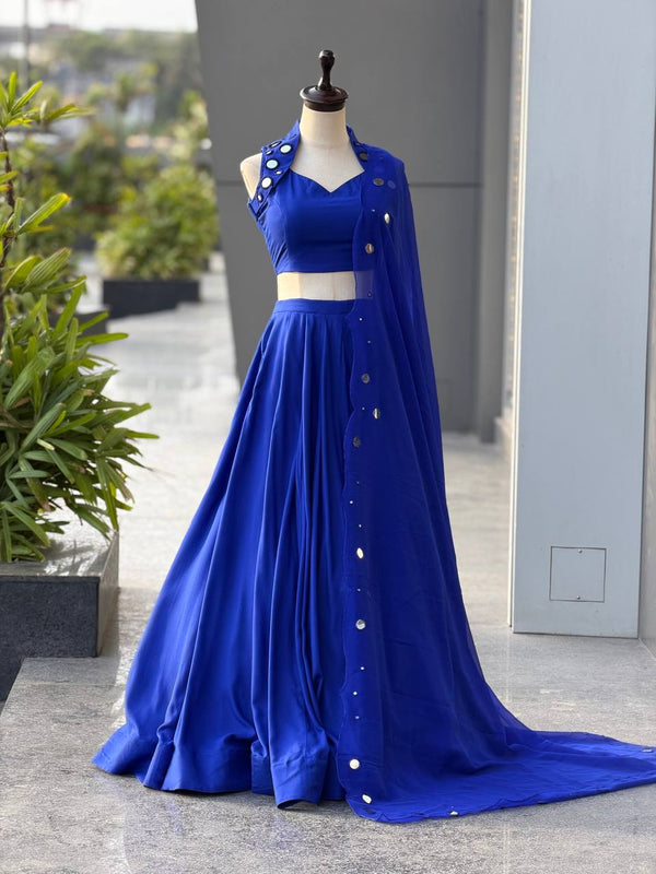 Royal Blue Cotton Mirror Work Lehenga Choli ClothsVilla