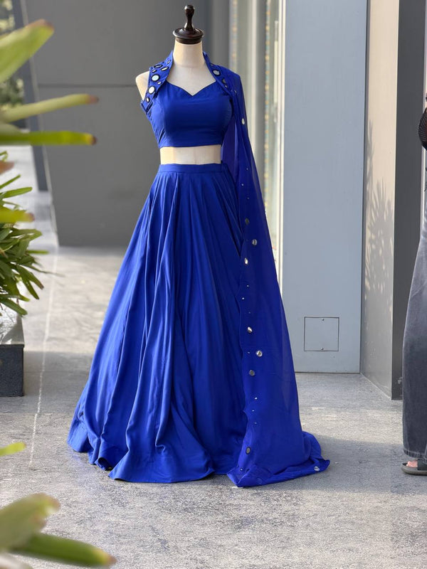 Royal Blue Cotton Mirror Work Lehenga Choli ClothsVilla