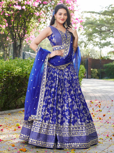 Royal Blue Dola Silk Jacquard Embroidered Lehenga Choli Clothsvilla Main image