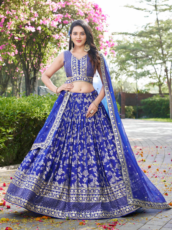 Royal Blue Dola Silk Jacquard Embroidered Lehenga Choli Clothsvilla