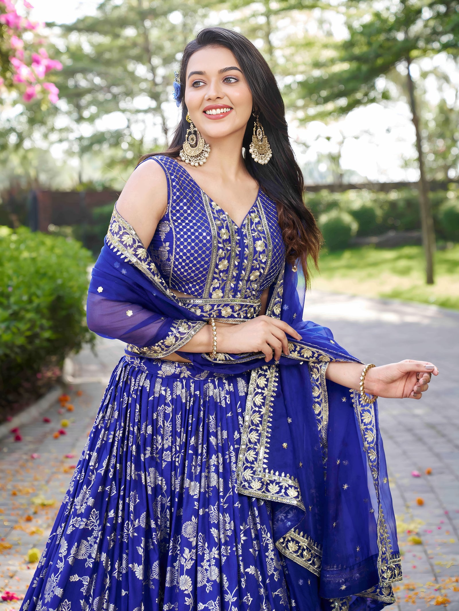 Royal Blue Dola Silk Jacquard Embroidered Lehenga Choli Clothsvilla