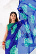 Load image into Gallery viewer, Royal Blue Elegant Chiffon Saree with Floral Print &amp; Lace Border – Unstitched Banglory Blouse ClothsVilla