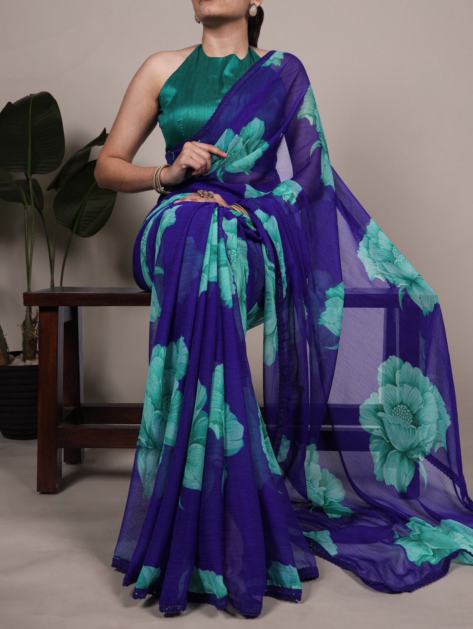 Royal Blue Elegant Chiffon Saree with Floral Print & Lace Border – Unstitched Banglory Blouse ClothsVilla