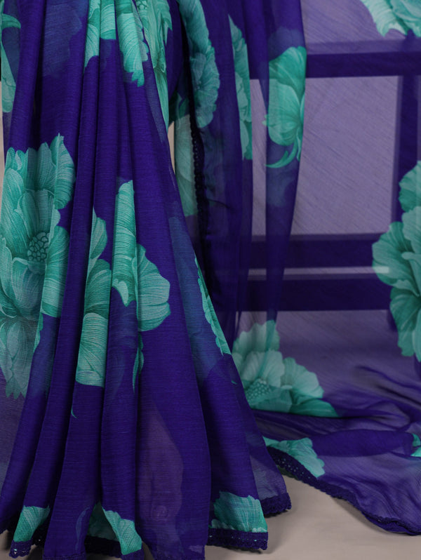 Royal Blue Elegant Chiffon Saree with Floral Print & Lace Border – Unstitched Banglory Blouse ClothsVilla