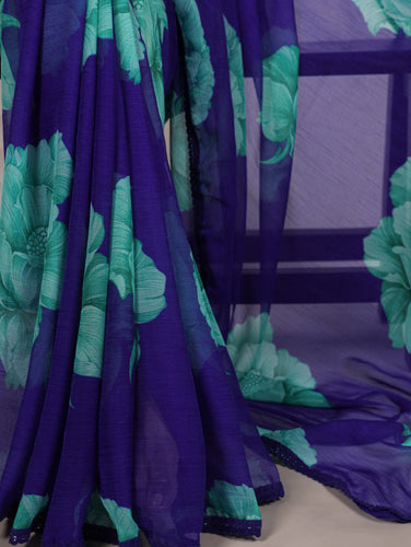 Royal Blue Elegant Chiffon Saree with Floral Print & Lace Border – Unstitched Banglory Blouse ClothsVilla