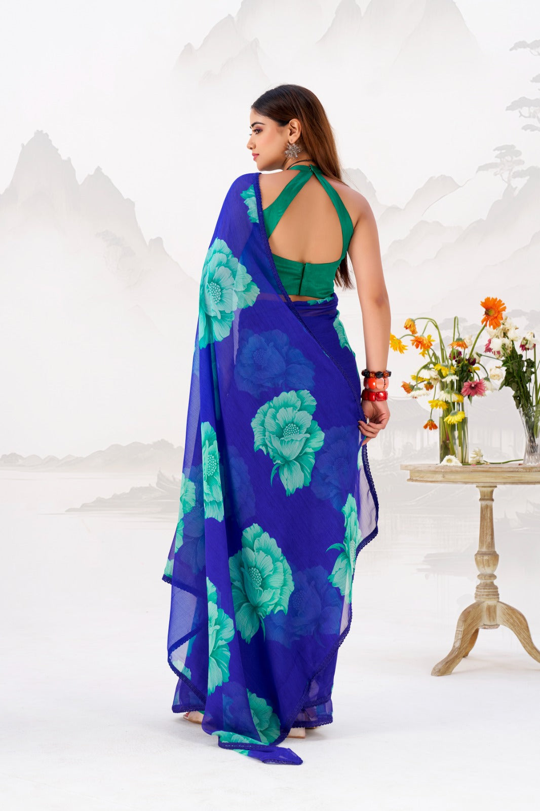 Royal Blue Elegant Chiffon Saree with Floral Print & Lace Border – Unstitched Banglory Blouse Secondary image