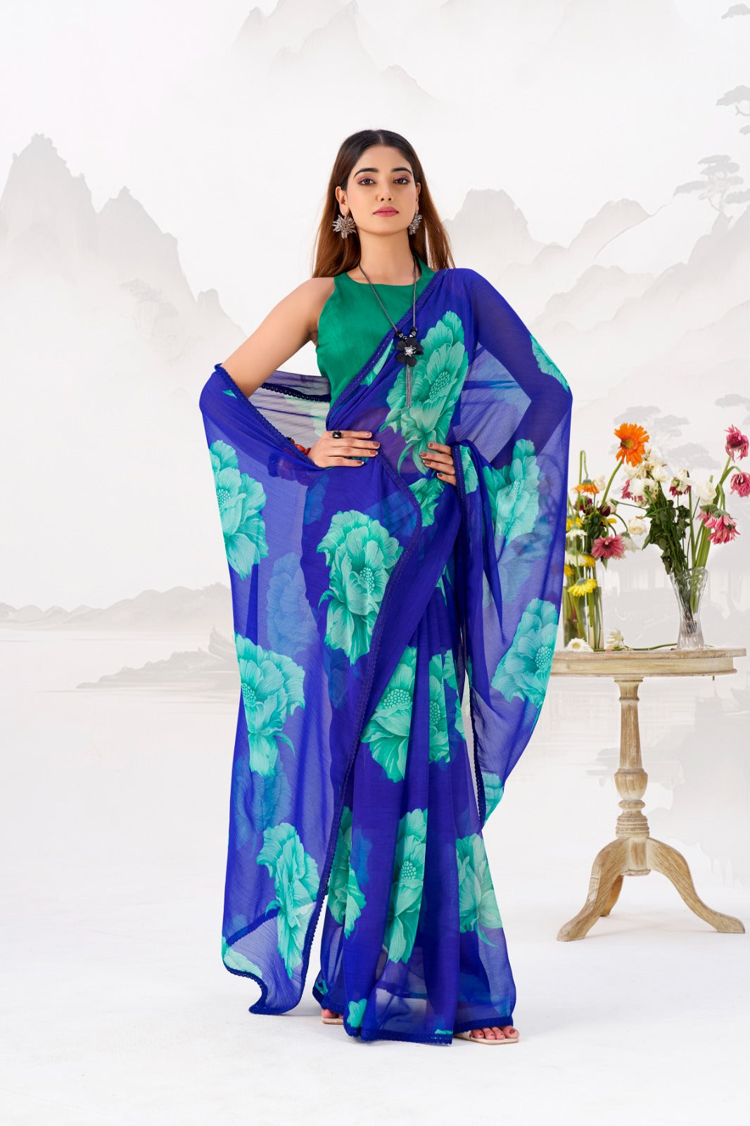 Royal Blue Elegant Chiffon Saree with Floral Print & Lace Border – Unstitched Banglory Blouse ClothsVilla Main image