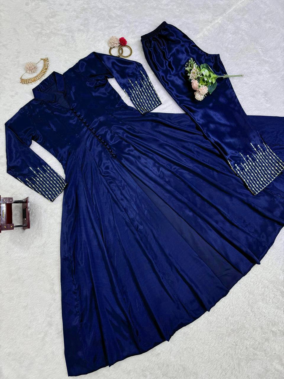 Royal Blue Elegant Chinon Silk Ensemble – Perfect for Every Occasion! Clothsvilla