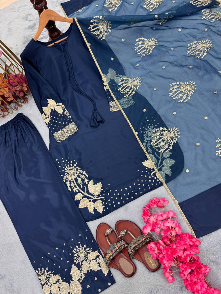 Royal Blue Elegant Embroidered Crepe Palazzo Set with Dupatta ClothsVilla