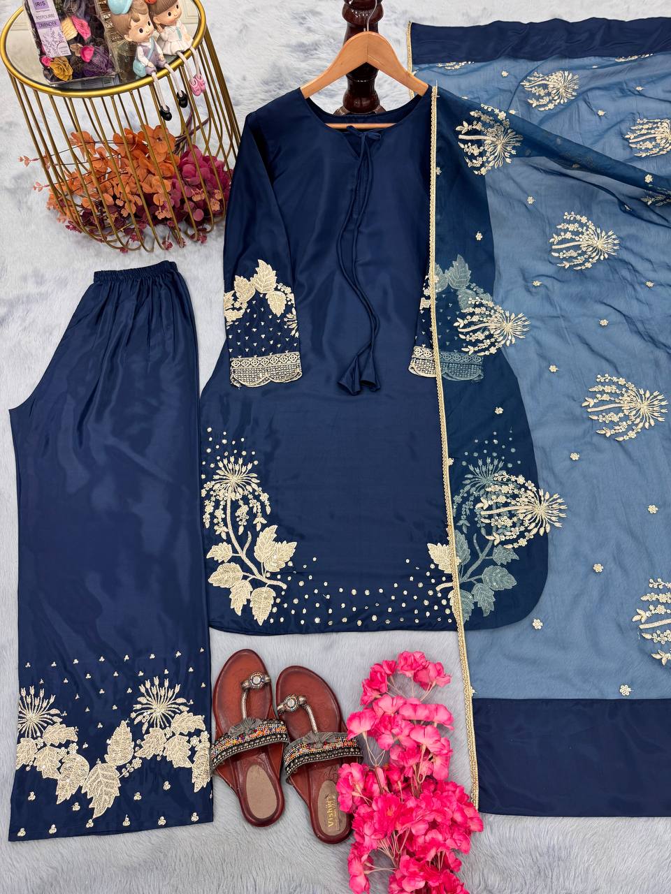 Royal Blue Elegant Embroidered Crepe Palazzo Set with Dupatta ClothsVilla Main image