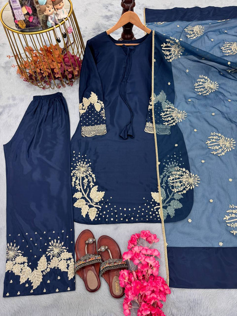 Royal Blue Elegant Embroidered Crepe Palazzo Set with Dupatta ClothsVilla