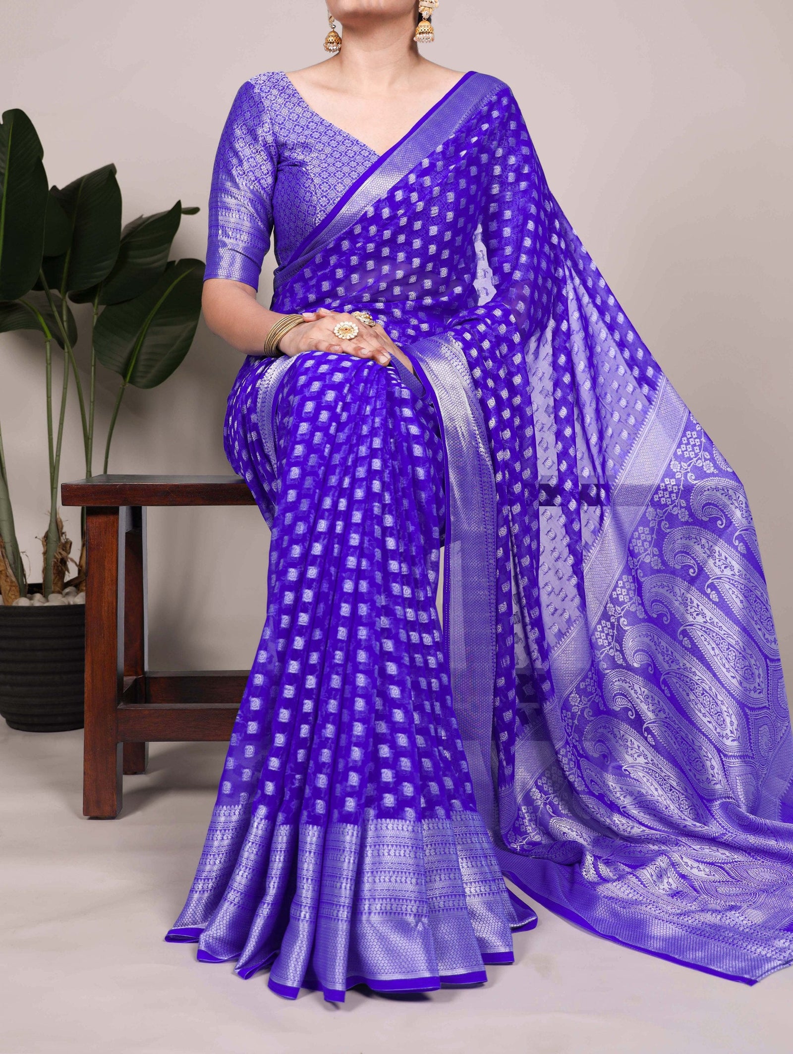 Royal Blue Elegant Nylon Georgette Saree with Zari Weaving & Viscose Border ClothsVilla
