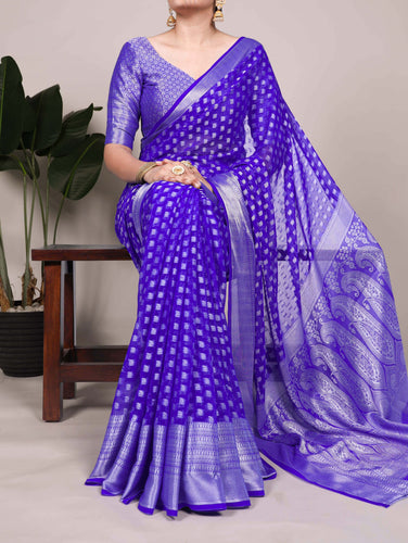 Royal Blue Elegant Nylon Georgette Saree with Zari Weaving & Viscose Border ClothsVilla