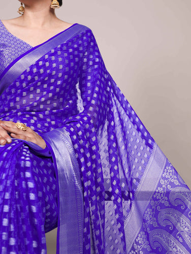 Royal Blue Elegant Nylon Georgette Saree with Zari Weaving & Viscose Border ClothsVilla