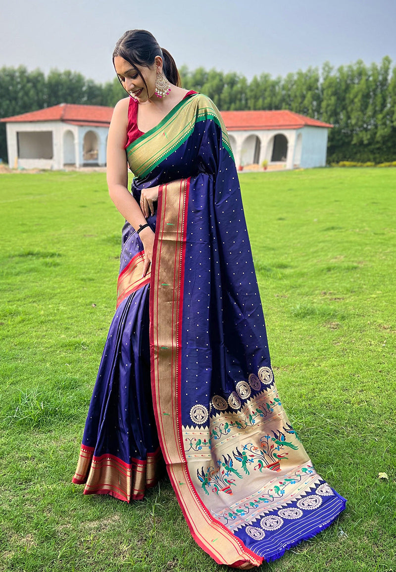 Royal Blue Elegant Paithani Silk Saree with Jacquard Weaving ClothsVilla