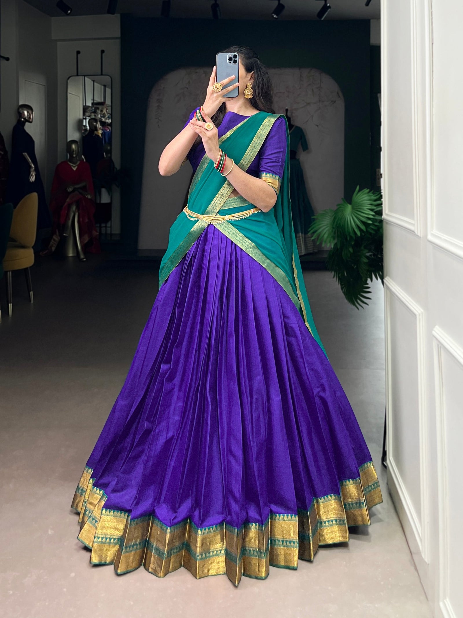Royal Blue Elegant Poly Cotton Zari Weaving Stitched Lehenga Choli with Georgette Lace-Border Dupatta Premium Festive & Wedding Wear ClothsVilla