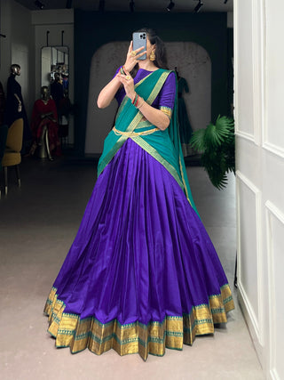 Royal Blue Elegant Poly Cotton Zari Weaving Stitched Lehenga Choli with Georgette Lace-Border Dupatta Premium Festive & Wedding Wear ClothsVilla