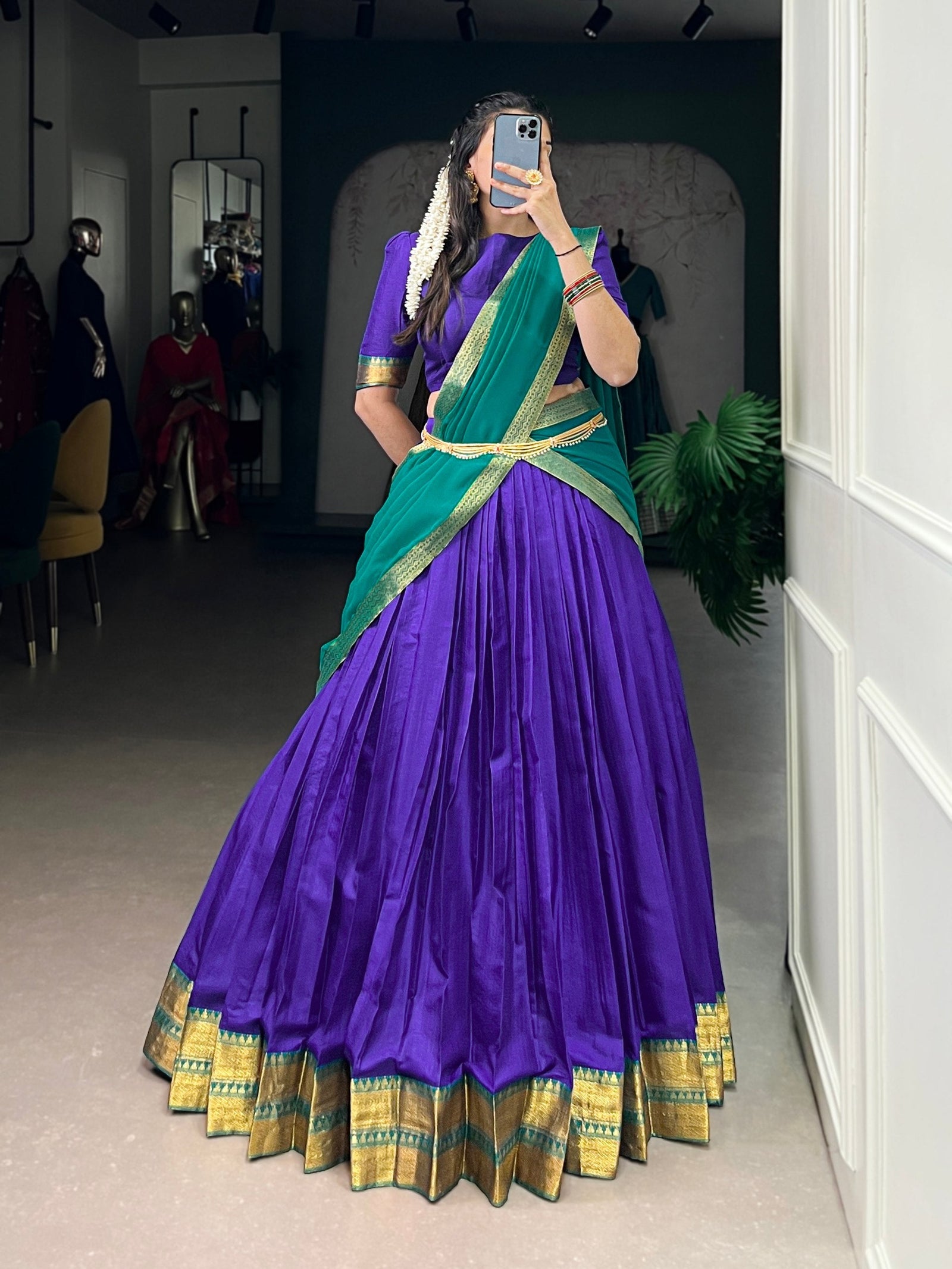Royal Blue Elegant Poly Cotton Zari Weaving Stitched Lehenga Choli with Georgette Lace-Border Dupatta Premium Festive & Wedding Wear ClothsVilla