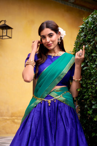 Royal Blue Elegant Poly Cotton Zari Weaving Stitched Lehenga Choli with Georgette Lace-Border Dupatta Premium Festive & Wedding Wear ClothsVilla