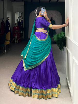 Royal Blue Elegant Poly Cotton Zari Weaving Stitched Lehenga Choli with Georgette Lace-Border Dupatta Premium Festive & Wedding Wear ClothsVilla
